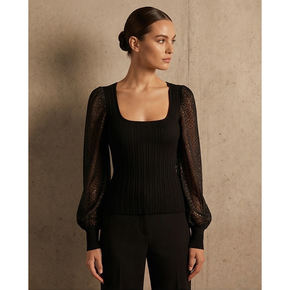 Anthropologie 3X Dot Puff Sheer Sleeve Square Neck Ribbed Princess Top Black NWT